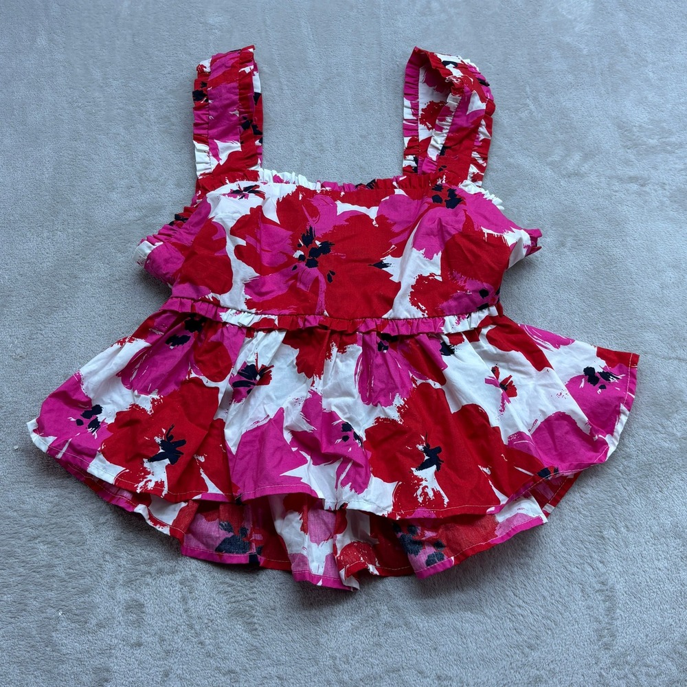 Mi Ami Peplum Top Womens Small Pink Red Floral Ruffle Tie Back Bold Cottagecore